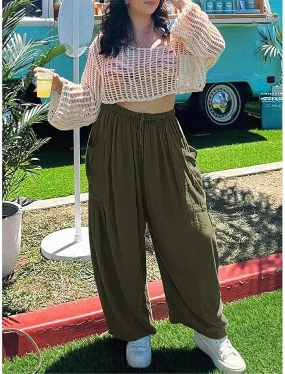 Women's Elastic Pleated High Waisted Wide Leg Pants Loose Casual Cotton Linen Long Lounge Trouser Palazzo Pant