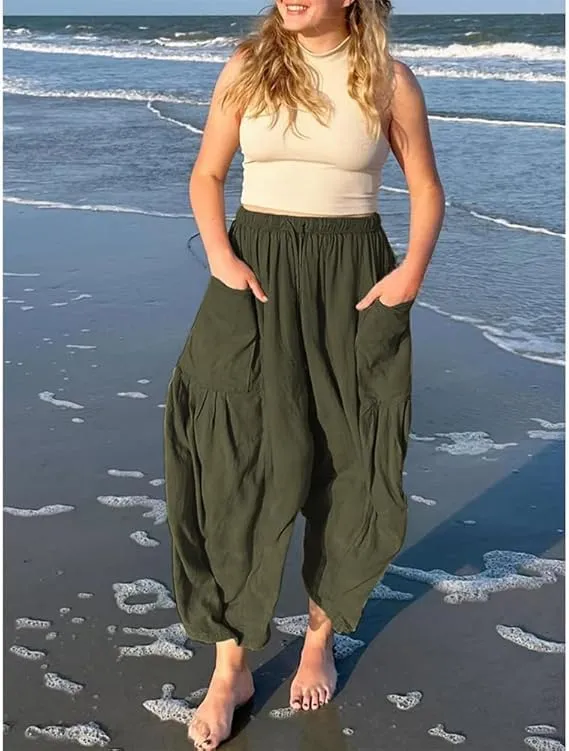Women's Elastic Pleated High Waisted Wide Leg Pants Loose Casual Cotton Linen Long Lounge Trouser Palazzo Pant