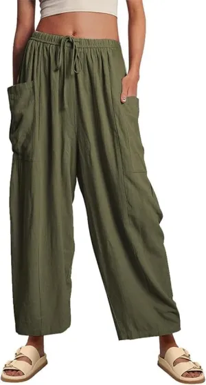 Women's Elastic Pleated High Waisted Wide Leg Pants Loose Casual Cotton Linen Long Lounge Trouser Palazzo Pant