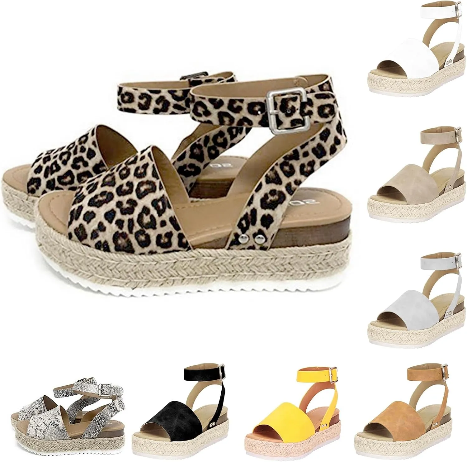 Women's Espadrille Wedge Sandals Open Toe Strappy Platform Beach Sandals Comfortable Dressy Arch Support Walking Shoes Summer Boho Casual Beach Sandal Slip On Ankle Strap Wedge Sandal Shoes
