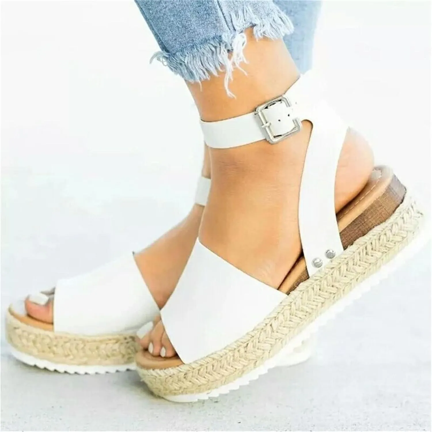 Women's Espadrille Wedge Sandals Open Toe Strappy Platform Beach Sandals Comfortable Dressy Arch Support Walking Shoes Summer Boho Casual Beach Sandal Slip On Ankle Strap Wedge Sandal Shoes