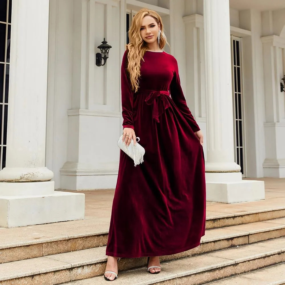 Women's Fall Winter Dress Long Sleeve Velvet Long Maxi Dress with Belt Party Dress Flowy A Line Wedding Guest Dress