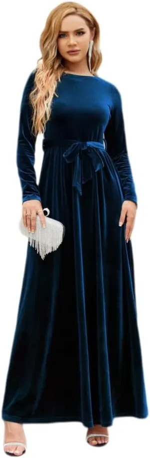 Women's Fall Winter Dress Long Sleeve Velvet Long Maxi Dress with Belt Party Dress Flowy A Line Wedding Guest Dress
