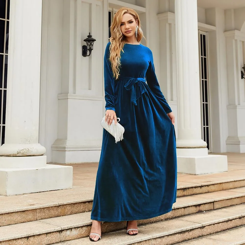 Women's Fall Winter Dress Long Sleeve Velvet Long Maxi Dress with Belt Party Dress Flowy A Line Wedding Guest Dress