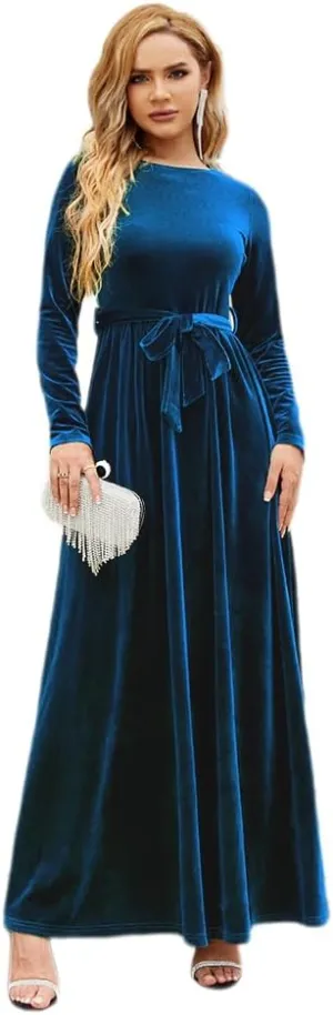 Women's Fall Winter Dress Long Sleeve Velvet Long Maxi Dress with Belt Party Dress Flowy A Line Wedding Guest Dress