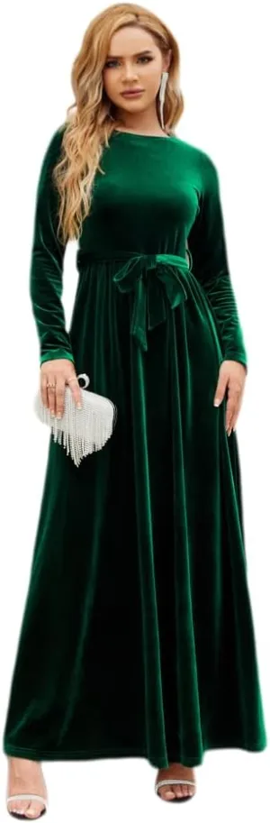 Women's Fall Winter Dress Long Sleeve Velvet Long Maxi Dress with Belt Party Dress Flowy A Line Wedding Guest Dress