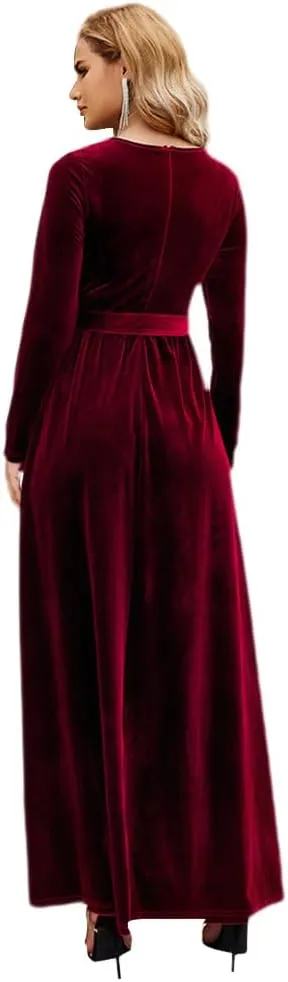 Women's Fall Winter Dress Long Sleeve Velvet Long Maxi Dress with Belt Party Dress Flowy A Line Wedding Guest Dress