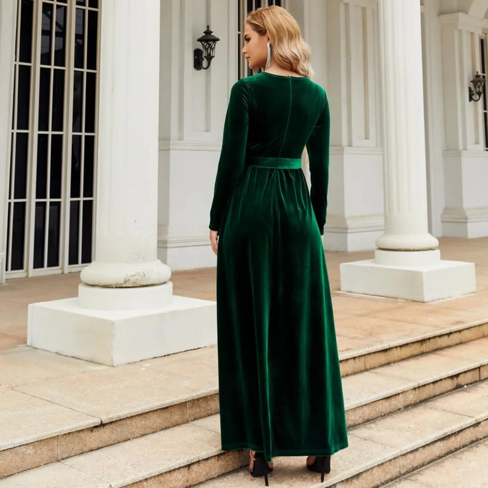 Women's Fall Winter Dress Long Sleeve Velvet Long Maxi Dress with Belt Party Dress Flowy A Line Wedding Guest Dress