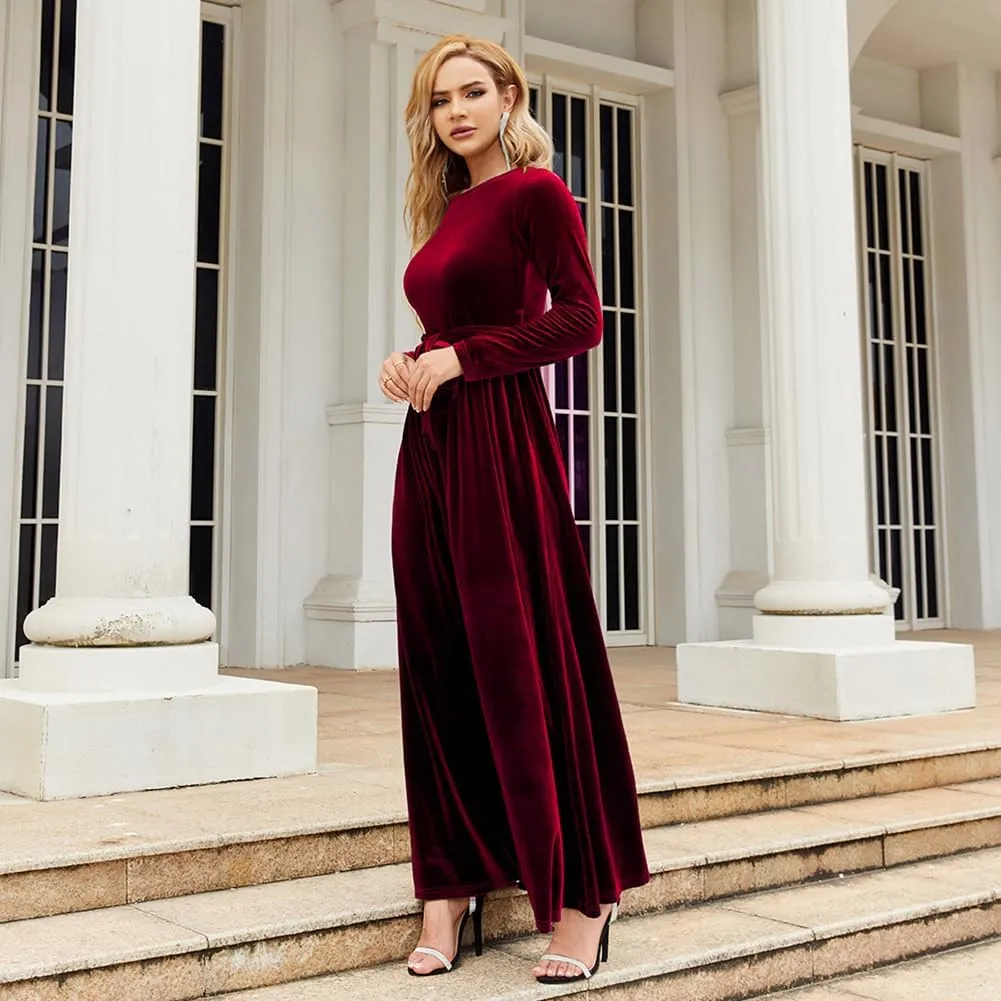 Women's Fall Winter Dress Long Sleeve Velvet Long Maxi Dress with Belt Party Dress Flowy A Line Wedding Guest Dress
