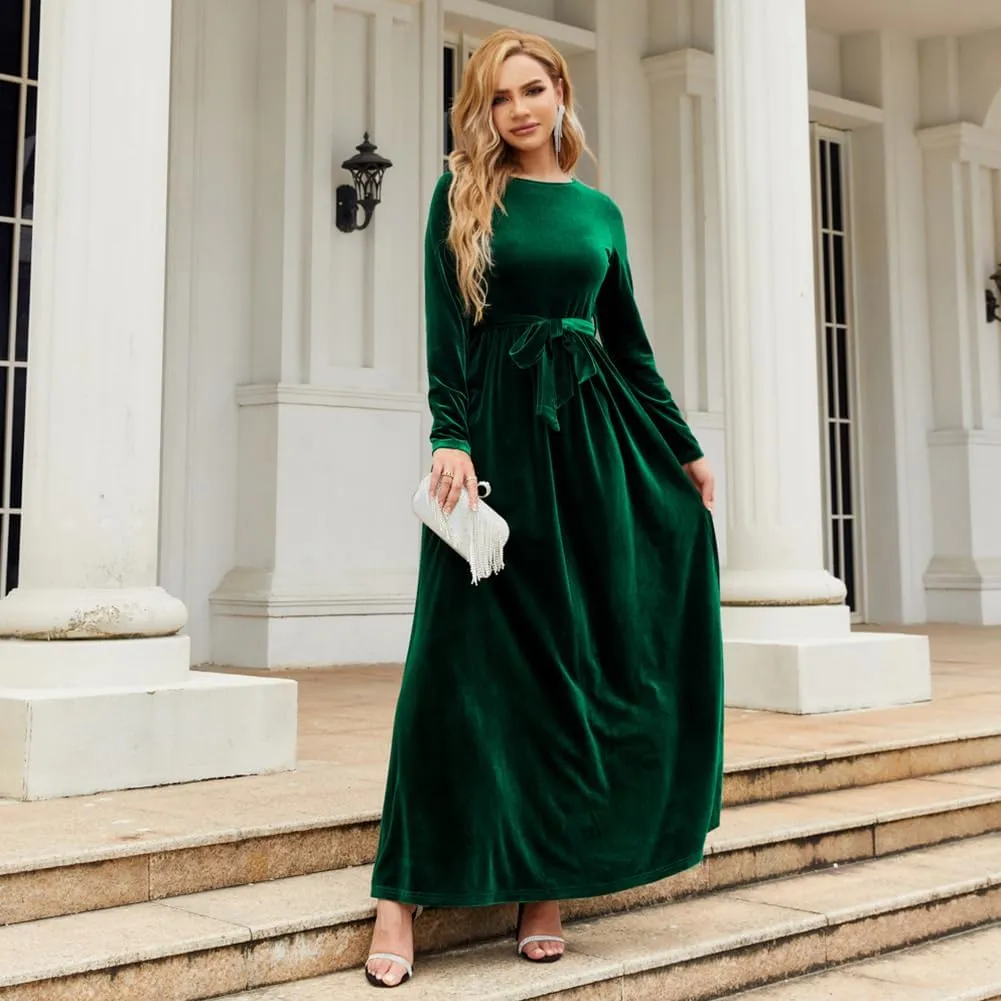 Women's Fall Winter Dress Long Sleeve Velvet Long Maxi Dress with Belt Party Dress Flowy A Line Wedding Guest Dress