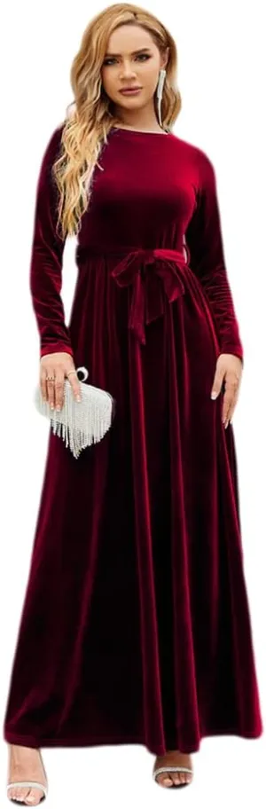 Women's Fall Winter Dress Long Sleeve Velvet Long Maxi Dress with Belt Party Dress Flowy A Line Wedding Guest Dress