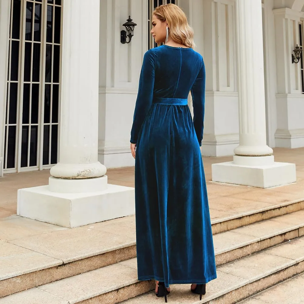 Women's Fall Winter Dress Long Sleeve Velvet Long Maxi Dress with Belt Party Dress Flowy A Line Wedding Guest Dress
