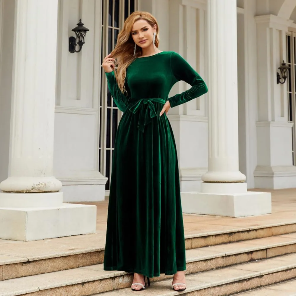 Women's Fall Winter Dress Long Sleeve Velvet Long Maxi Dress with Belt Party Dress Flowy A Line Wedding Guest Dress