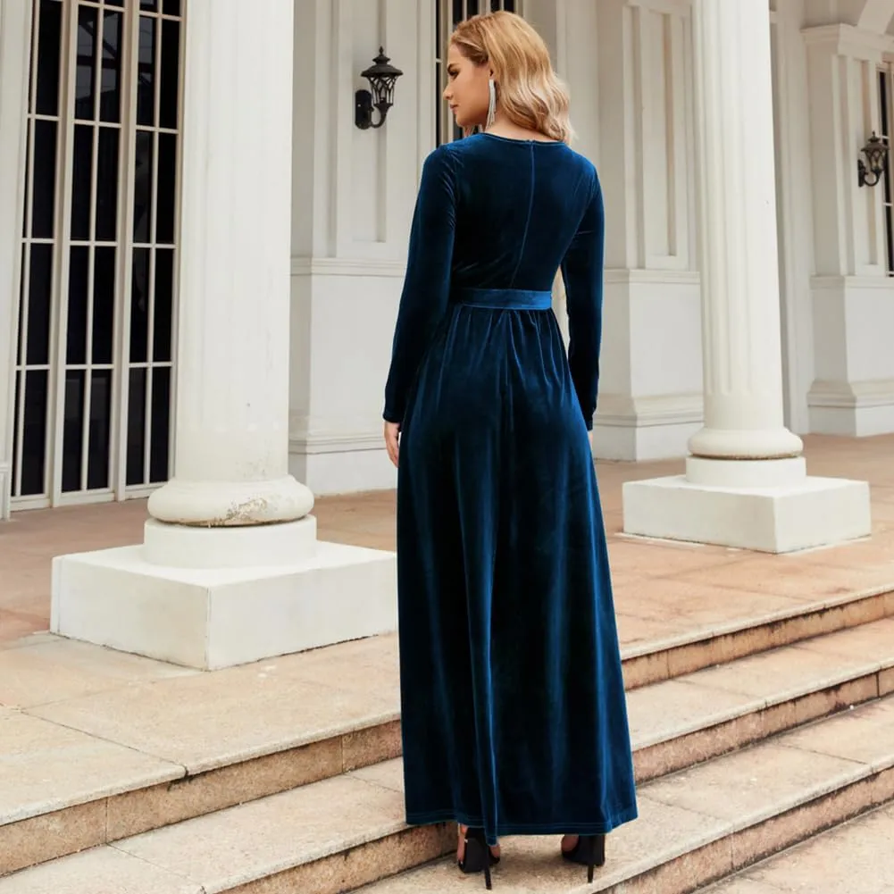 Women's Fall Winter Dress Long Sleeve Velvet Long Maxi Dress with Belt Party Dress Flowy A Line Wedding Guest Dress