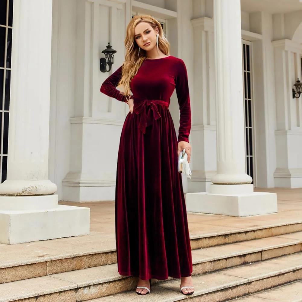 Women's Fall Winter Dress Long Sleeve Velvet Long Maxi Dress with Belt Party Dress Flowy A Line Wedding Guest Dress