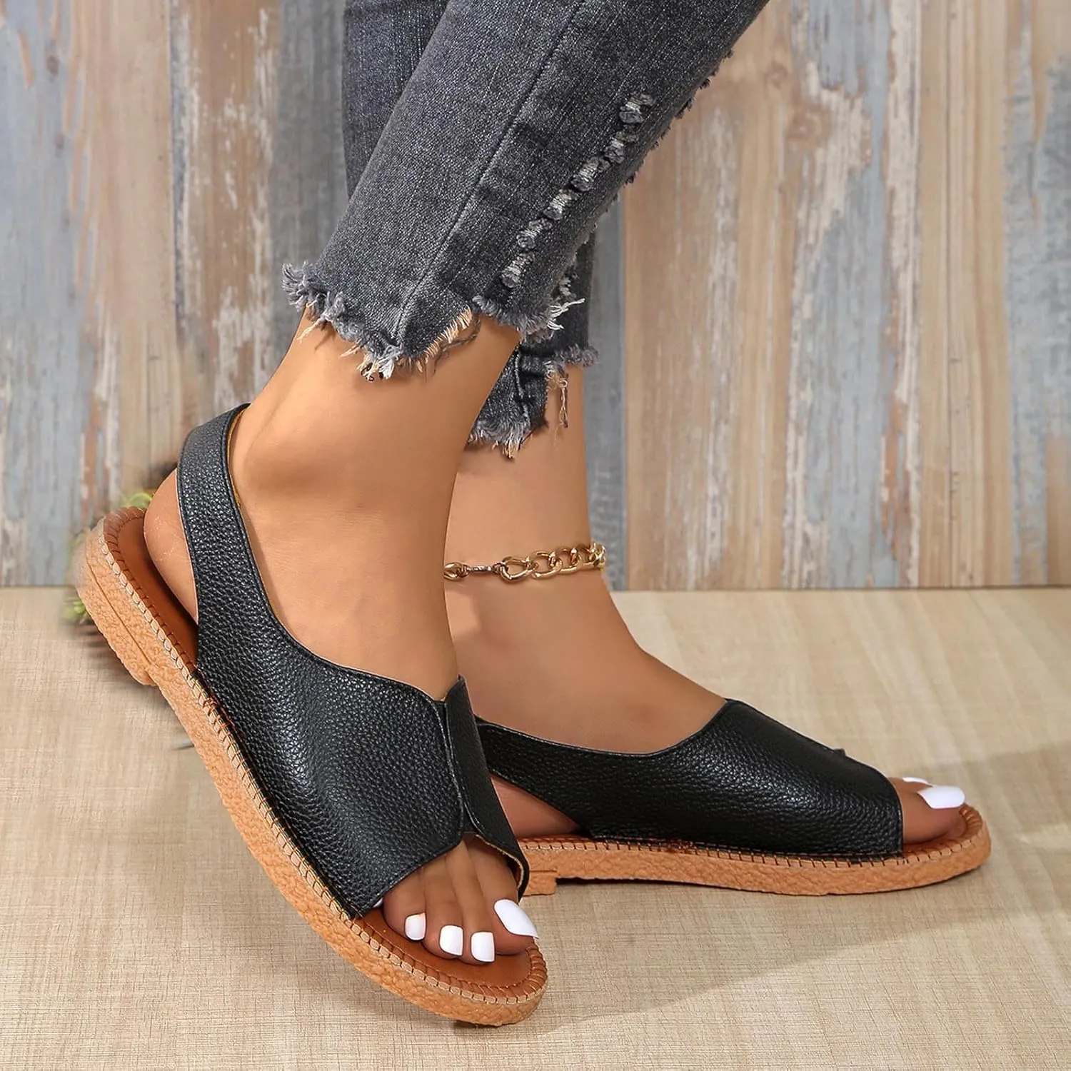 Womens Flat Sandals Open Toe Ankle Strap Slingback Sandals Comfortable Soft Cushion Flats, Summer Slip On Beach Walking Shoes for Women Dressy Leather Slide Sandal