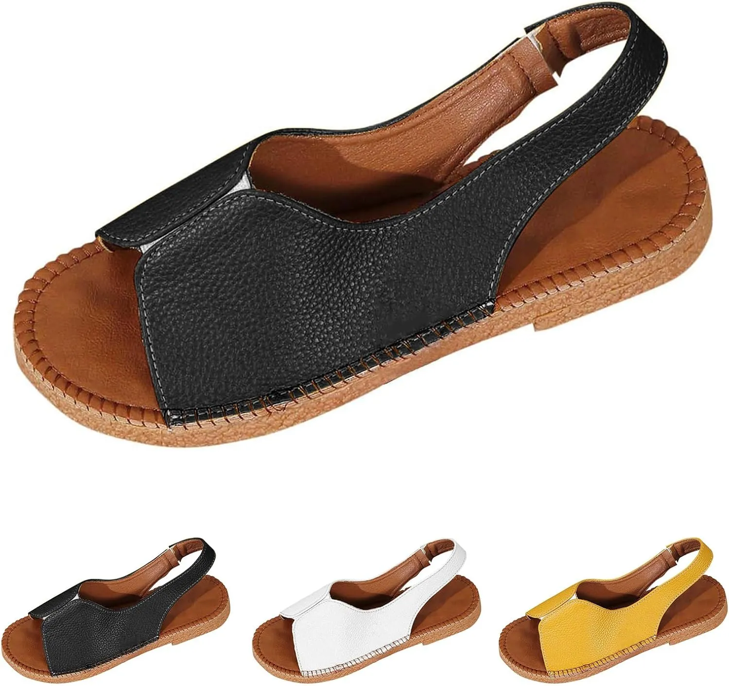 Womens Flat Sandals Open Toe Ankle Strap Slingback Sandals Comfortable Soft Cushion Flats, Summer Slip On Beach Walking Shoes for Women Dressy Leather Slide Sandal