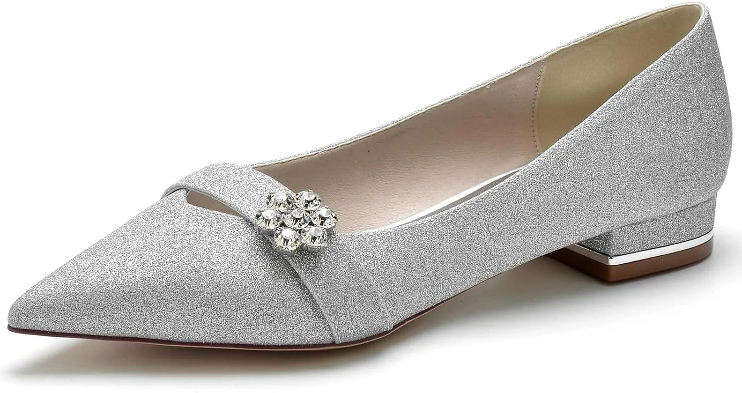 Women's Flats Shoes Pointed Toe Slip On Floral Rhinestone Chunky Heels Closed Toe Comfortable Frosted Sandals Dressy