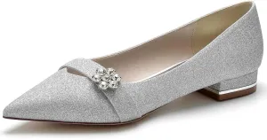 Women's Flats Shoes Pointed Toe Slip On Floral Rhinestone Chunky Heels Closed Toe Comfortable Frosted Sandals Dressy