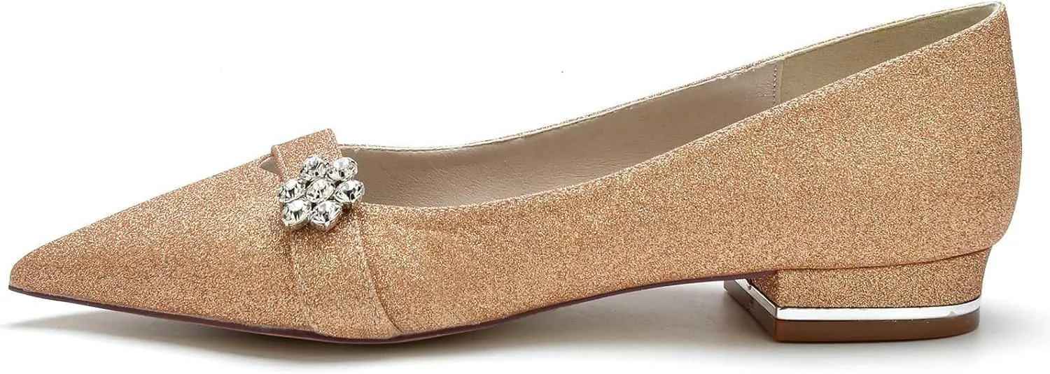 Women's Flats Shoes Pointed Toe Slip On Floral Rhinestone Chunky Heels Closed Toe Comfortable Frosted Sandals Dressy