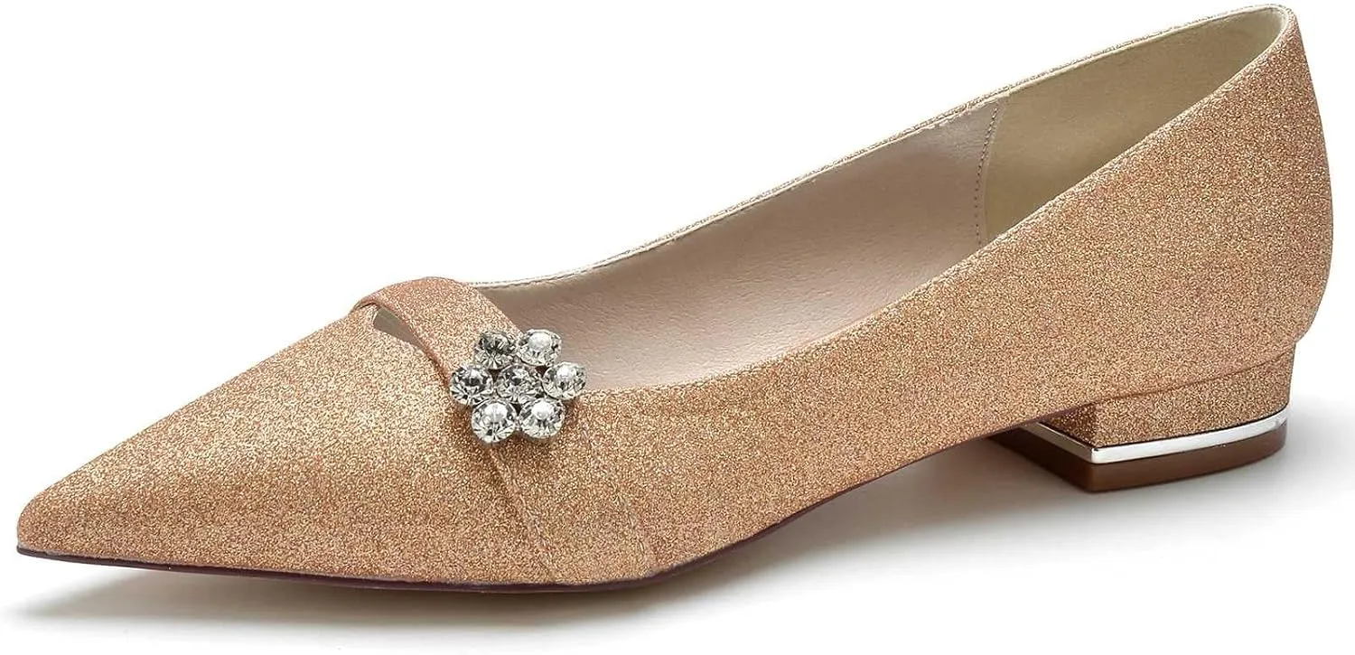 Women's Flats Shoes Pointed Toe Slip On Floral Rhinestone Chunky Heels Closed Toe Comfortable Frosted Sandals Dressy