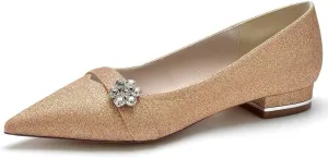 Women's Flats Shoes Pointed Toe Slip On Floral Rhinestone Chunky Heels Closed Toe Comfortable Frosted Sandals Dressy