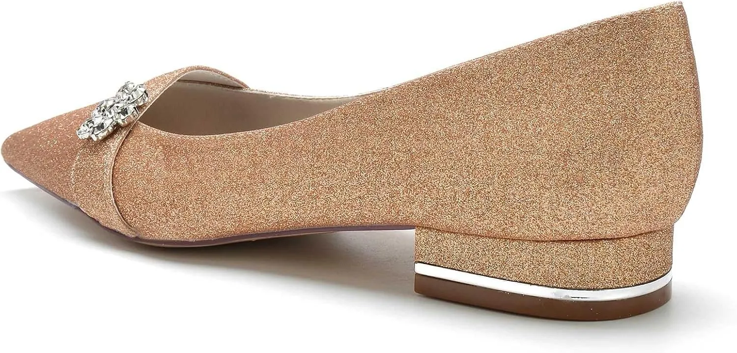 Women's Flats Shoes Pointed Toe Slip On Floral Rhinestone Chunky Heels Closed Toe Comfortable Frosted Sandals Dressy