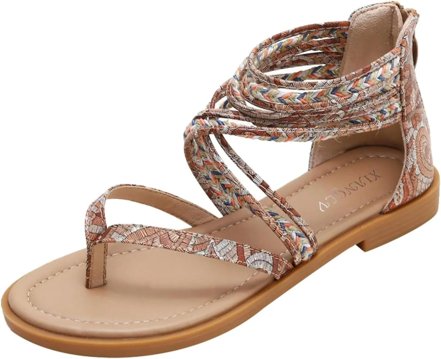 Women's Flip Flop Sandals Round Toe Lace up Woven Zipper Roman Summer Beach Sandals Outdoor Summer
