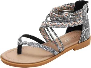 Women's Flip Flop Sandals Round Toe Lace up Woven Zipper Roman Summer Beach Sandals Outdoor Summer