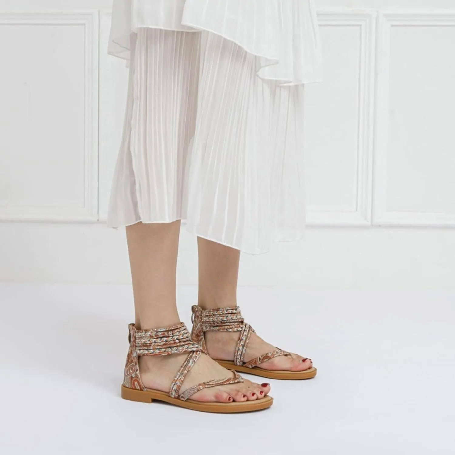 Women's Flip Flop Sandals Round Toe Lace up Woven Zipper Roman Summer Beach Sandals Outdoor Summer