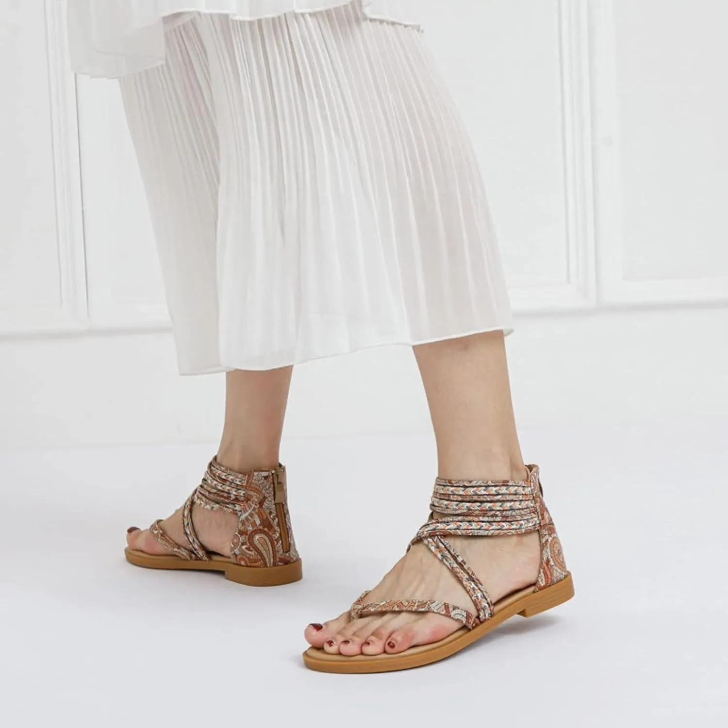 Women's Flip Flop Sandals Round Toe Lace up Woven Zipper Roman Summer Beach Sandals Outdoor Summer
