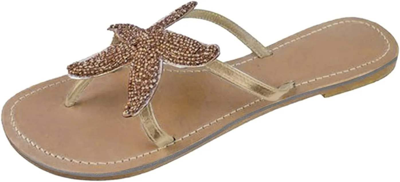 Womens Flip Flops Cute Starfish Flat Sandals Comfy Clip Toe Flip Flops, Comfortable Bohemian Flats Summer Beach Slip on Sandals Casual Walking Thong Sandal