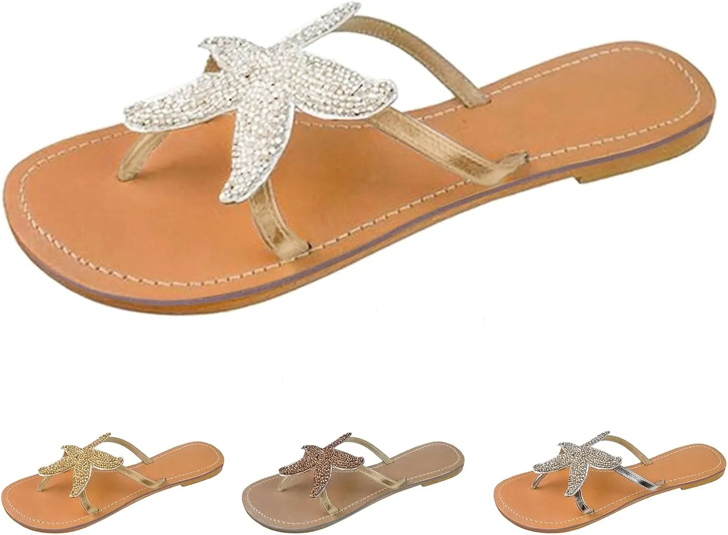 Womens Flip Flops Cute Starfish Flat Sandals Comfy Clip Toe Flip Flops, Comfortable Bohemian Flats Summer Beach Slip on Sandals Casual Walking Thong Sandal
