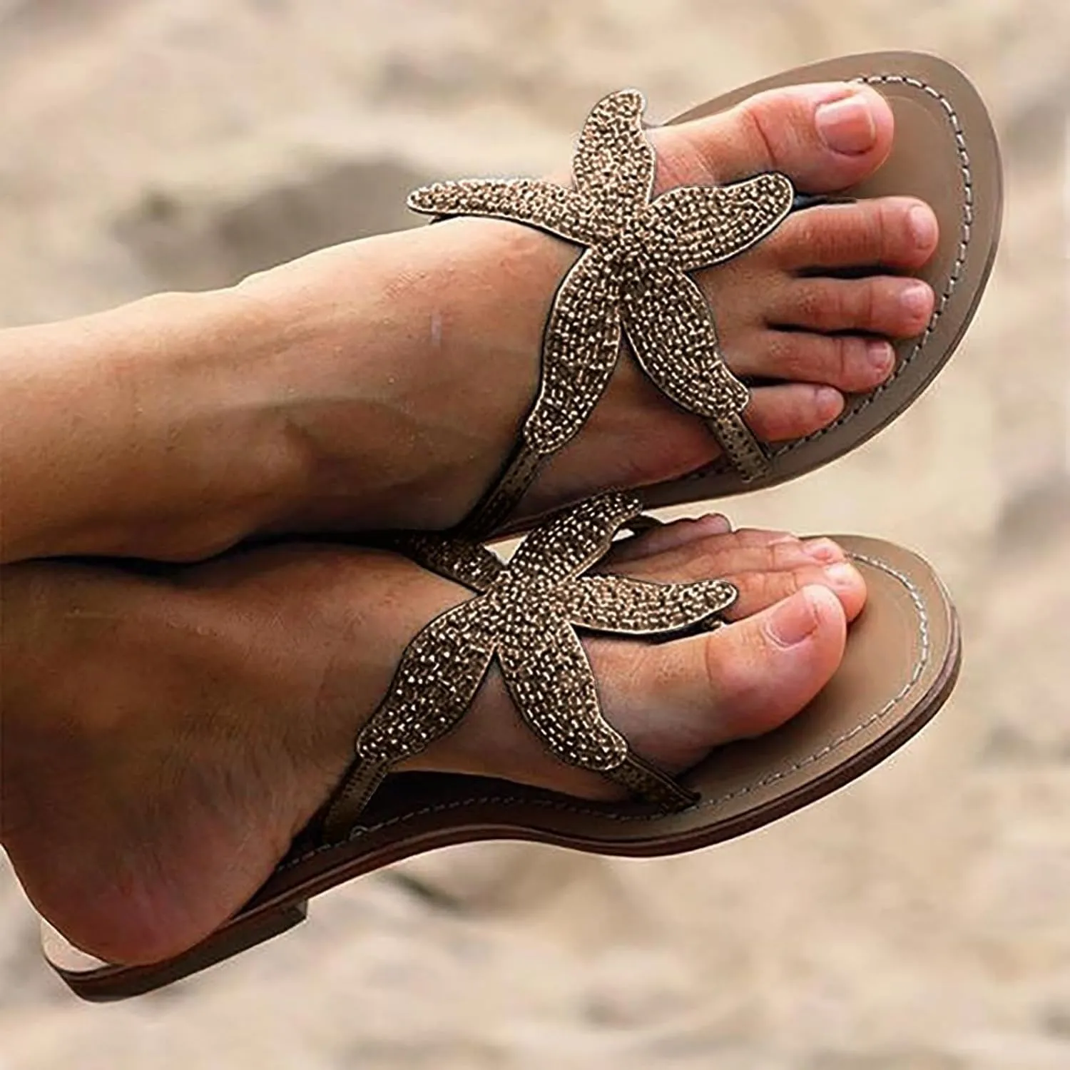 Womens Flip Flops Cute Starfish Flat Sandals Comfy Clip Toe Flip Flops, Comfortable Bohemian Flats Summer Beach Slip on Sandals Casual Walking Thong Sandal