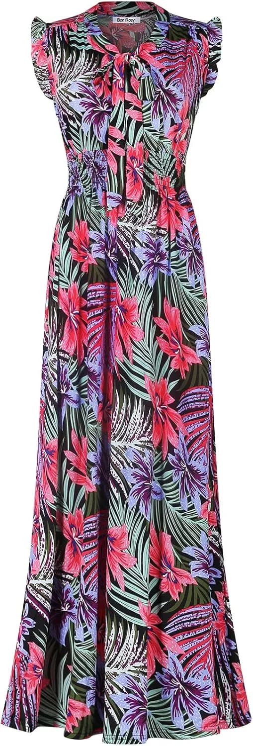 Women's Floral Print Sleeveless Smocked Waist V-Neck Maxi Dress Outings Day Night Summer Spring Relaxing Lounging Vacation 6e41 Pink Green 2X