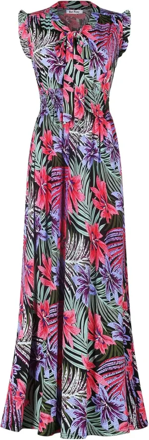 Women's Floral Print Sleeveless Smocked Waist V-Neck Maxi Dress Outings Day Night Summer Spring Relaxing Lounging Vacation 6e41 Pink Green 2X