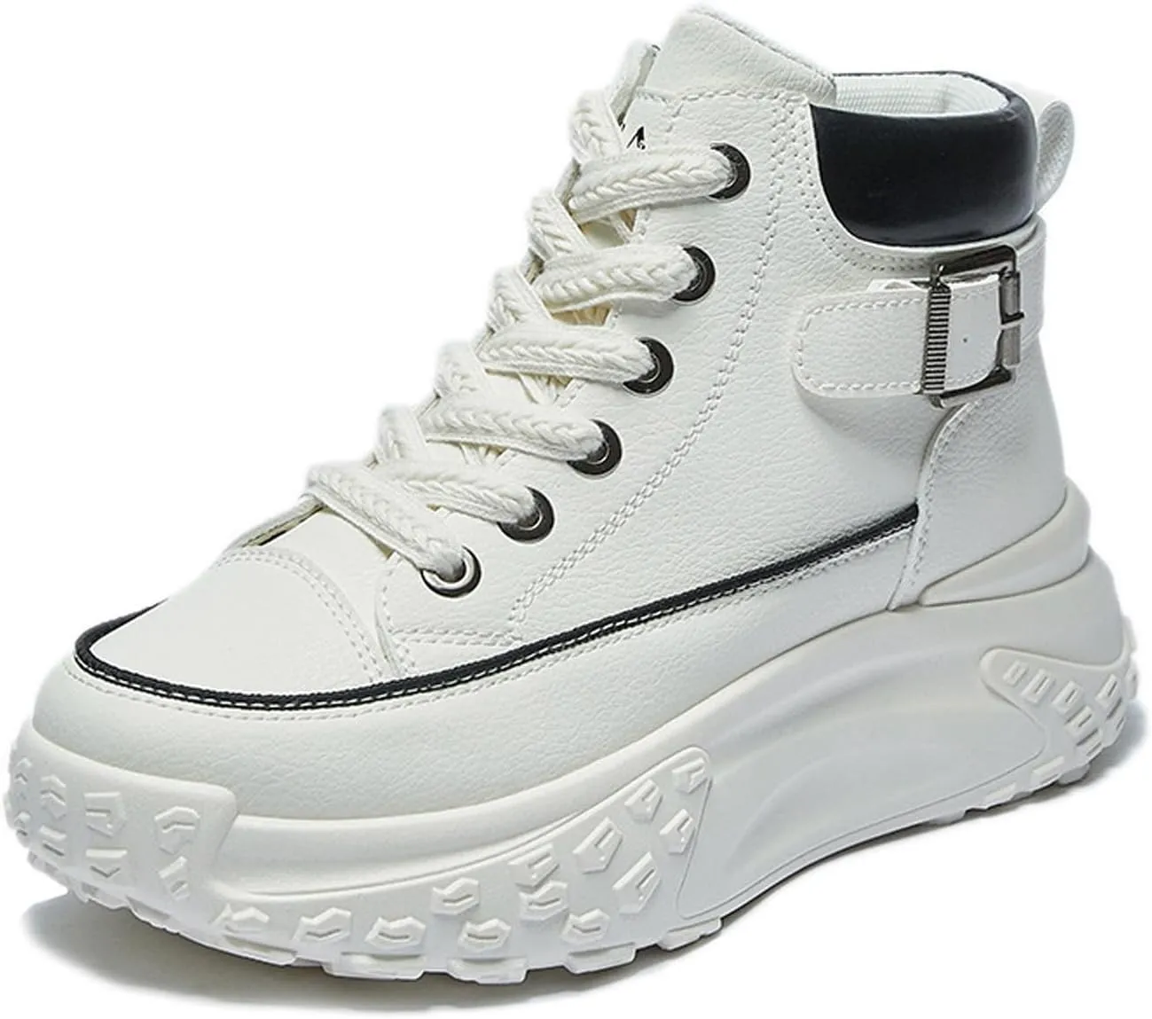 Women's Genuine Leather Lace-Up Platform Sneakers,Outdoor Non-Slip Comfortable High-Top Walking Casual Sneakers