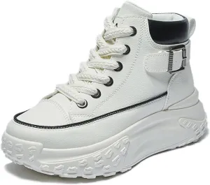 Women's Genuine Leather Lace-Up Platform Sneakers,Outdoor Non-Slip Comfortable High-Top Walking Casual Sneakers