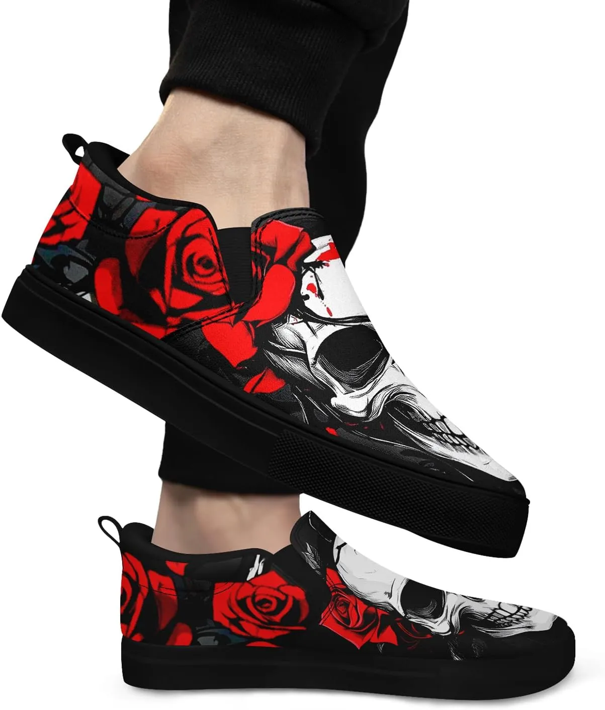 Women's Gothic Skull Canvas Slip-On Flat Shoes Men's Low top Dark Art Rose Stylish Sneakers Comfort Fashion Streetwear