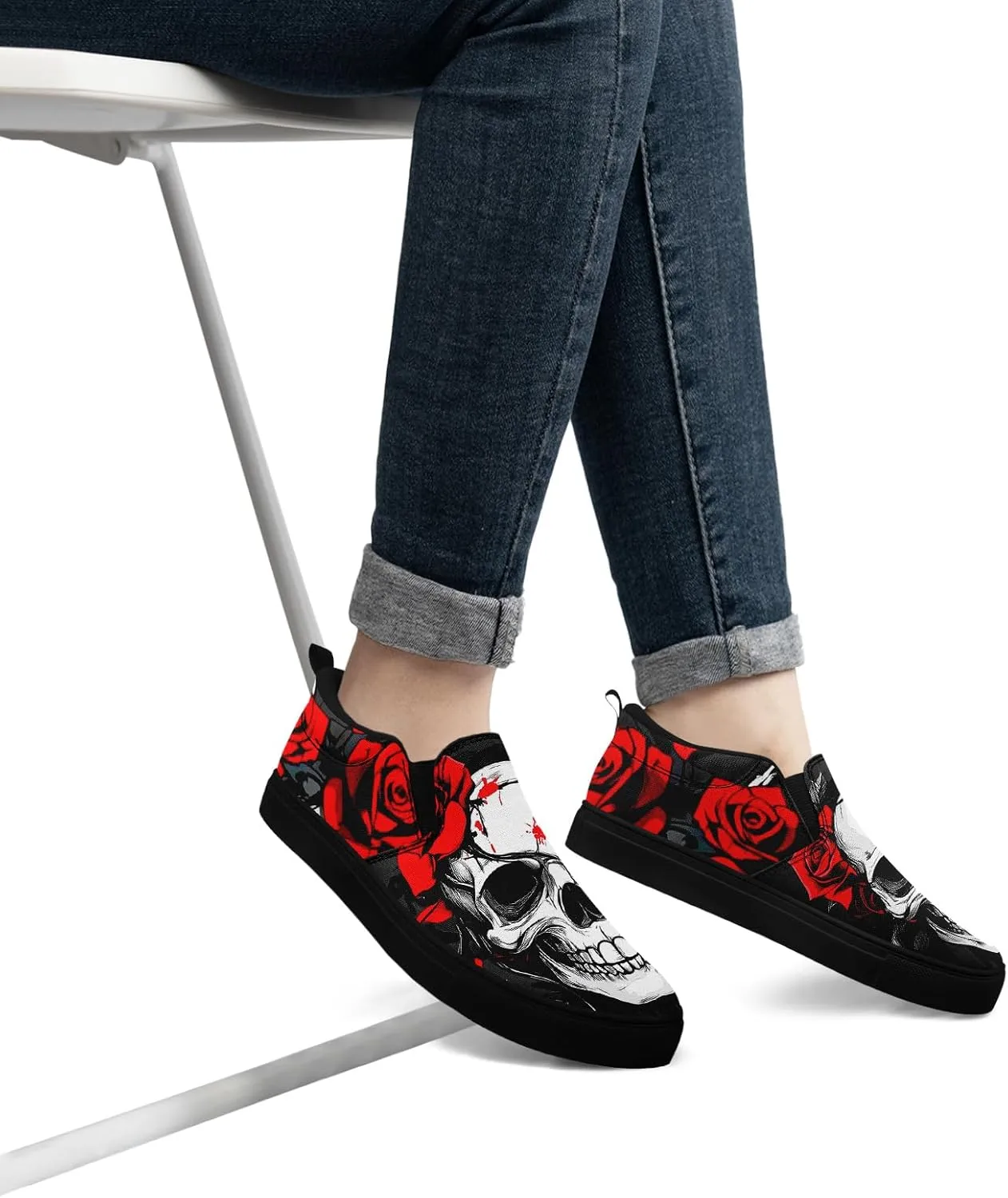 Women's Gothic Skull Canvas Slip-On Flat Shoes Men's Low top Dark Art Rose Stylish Sneakers Comfort Fashion Streetwear