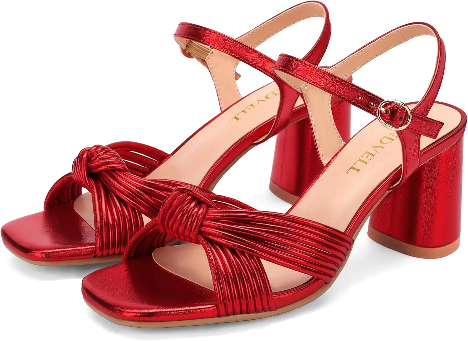 Women's Heeled Sandals Chunky Heel Strappy Metallic Braided Knotted Square Open Toe Ankle Strap Block Heel Sandals
