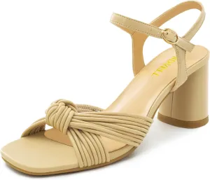 Women's Heeled Sandals Chunky Heel Strappy Metallic Braided Knotted Square Open Toe Ankle Strap Block Heel Sandals