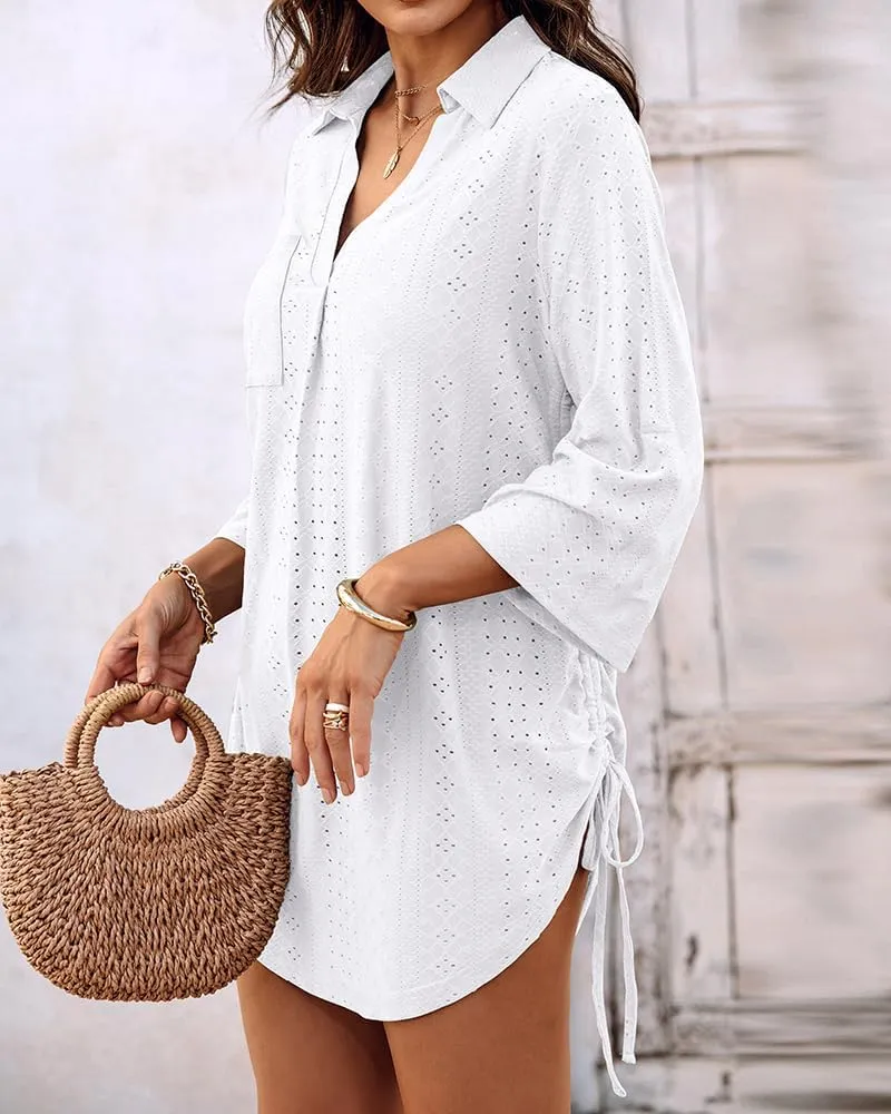 Women's Hollow Out Knitted Crochet Beach Coverup V Neck Movable Sleeve Drawstring Beach Dress Shirt Mini Dress