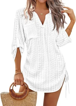 Women's Hollow Out Knitted Crochet Beach Coverup V Neck Movable Sleeve Drawstring Beach Dress Shirt Mini Dress