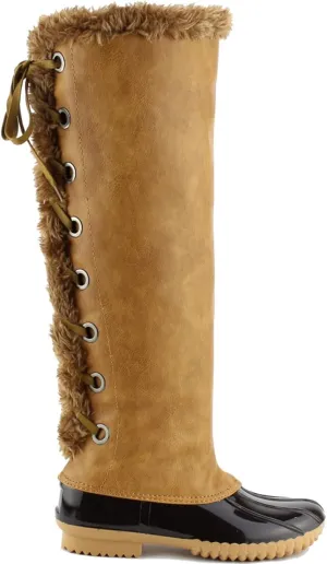 Women's Knee High Winter Boots Lace Up Insulated Fur Cuff Trim Waterproof Rubber Sole Duck Snow Rain Shoe Boots