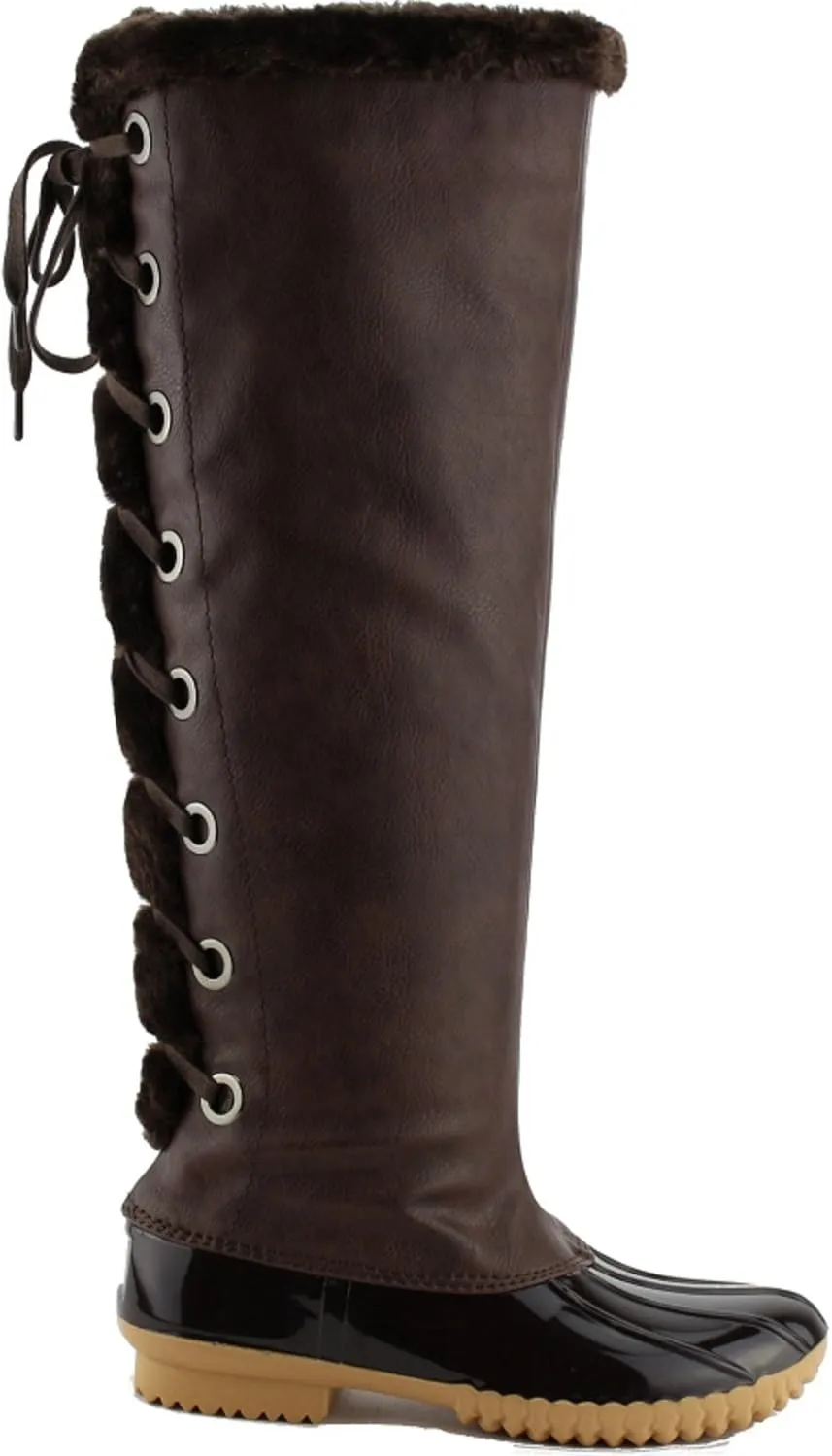 Women's Knee High Winter Boots Lace Up Insulated Fur Cuff Trim Waterproof Rubber Sole Duck Snow Rain Shoe Boots