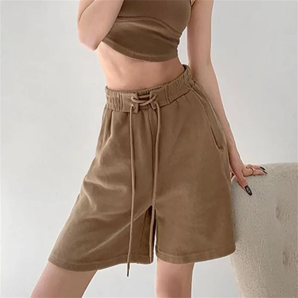 Women's Lace-Up Elastic Waist Shorts Ladies Solid Color Jogging Comfort Loose Casual Shorts