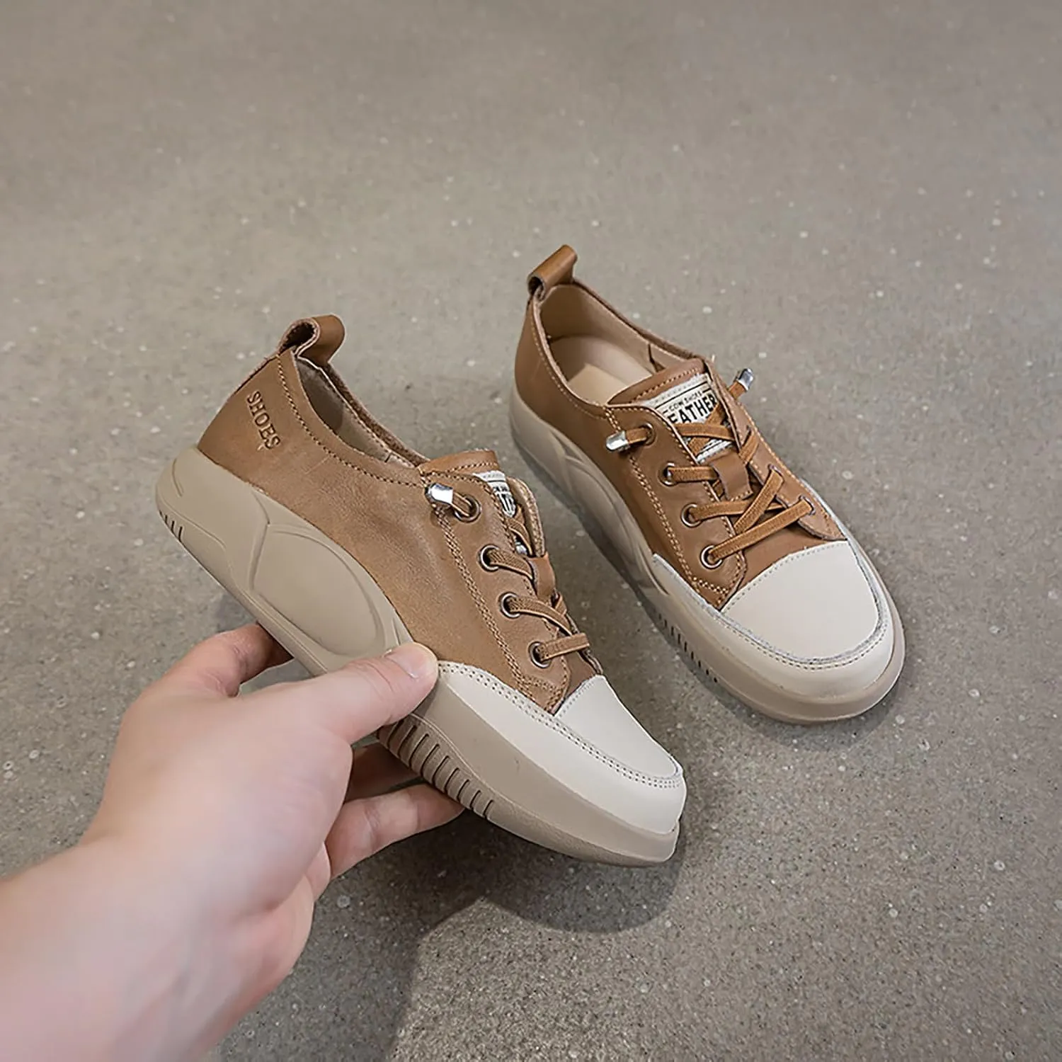 Women's Lace up Platform Increase Height Fashion Sneakers,Retro Low Top Comfort Lightweight Walking Shoes Anti-Slip Thick Soled Leather Running Sneakers