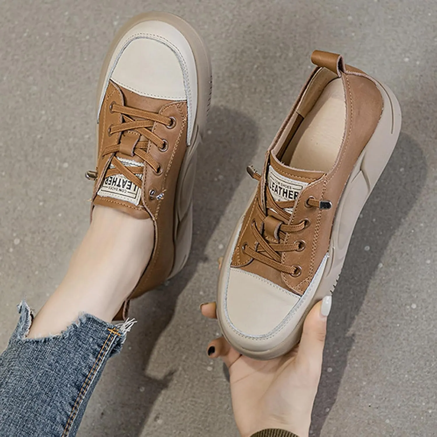 Women's Lace up Platform Increase Height Fashion Sneakers,Retro Low Top Comfort Lightweight Walking Shoes Anti-Slip Thick Soled Leather Running Sneakers