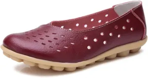 Women's Leather Flats Shoes Slip-Ons Casual Walking Driving Loafers Breathable Cutout